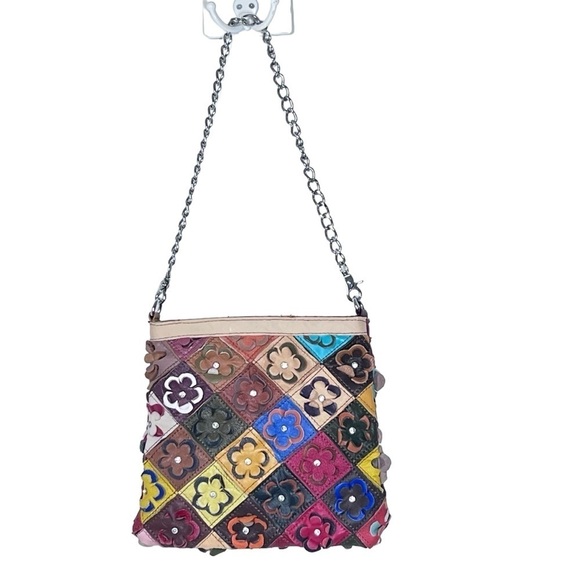 Multi-colored 3D Floral Leather Rhinestone Shoulder Bag Clutch Bag - Picture 15 of 16